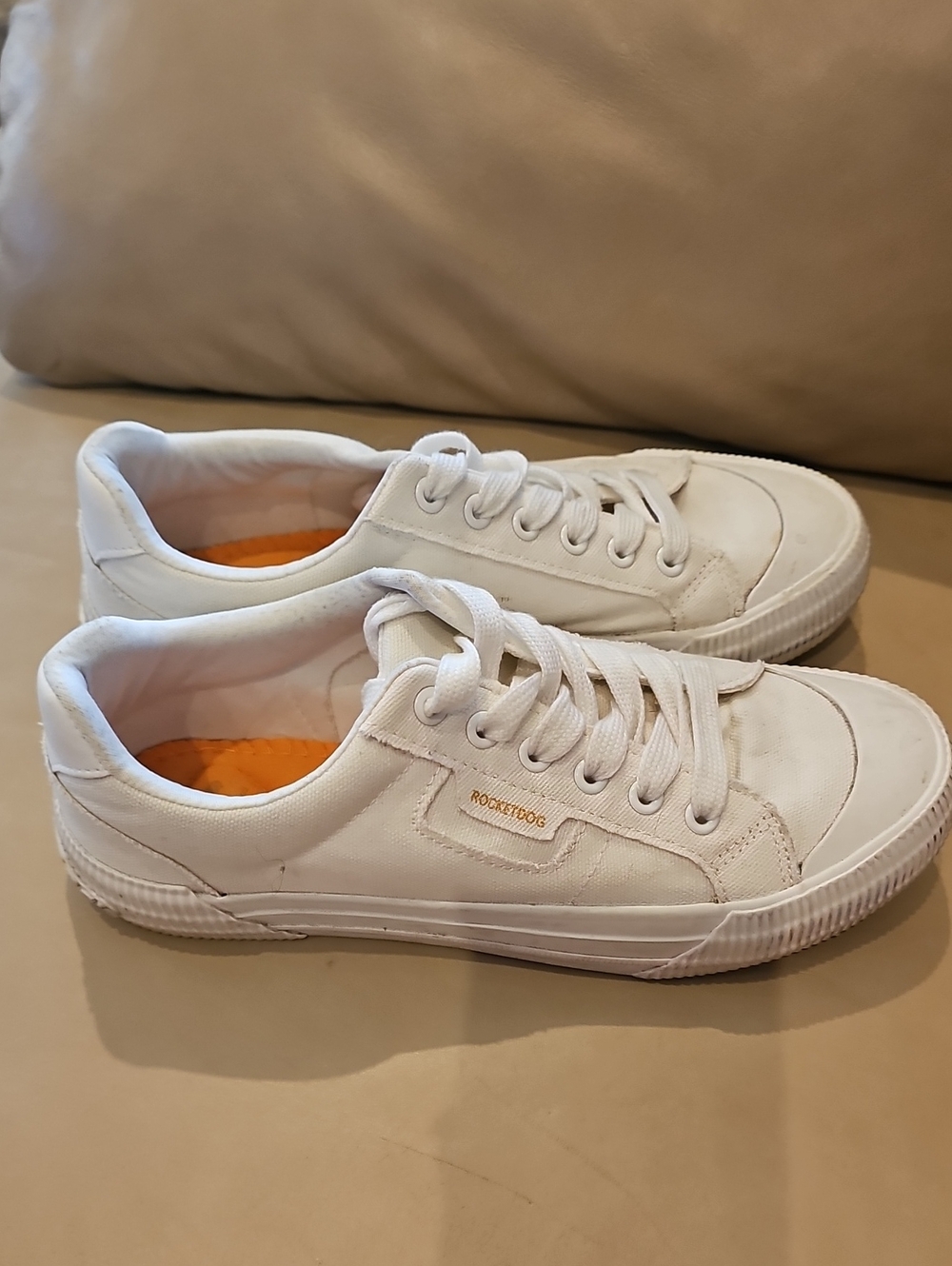 Rocket Dog White Low-Top Canvas Sneakers with Orange Insole
